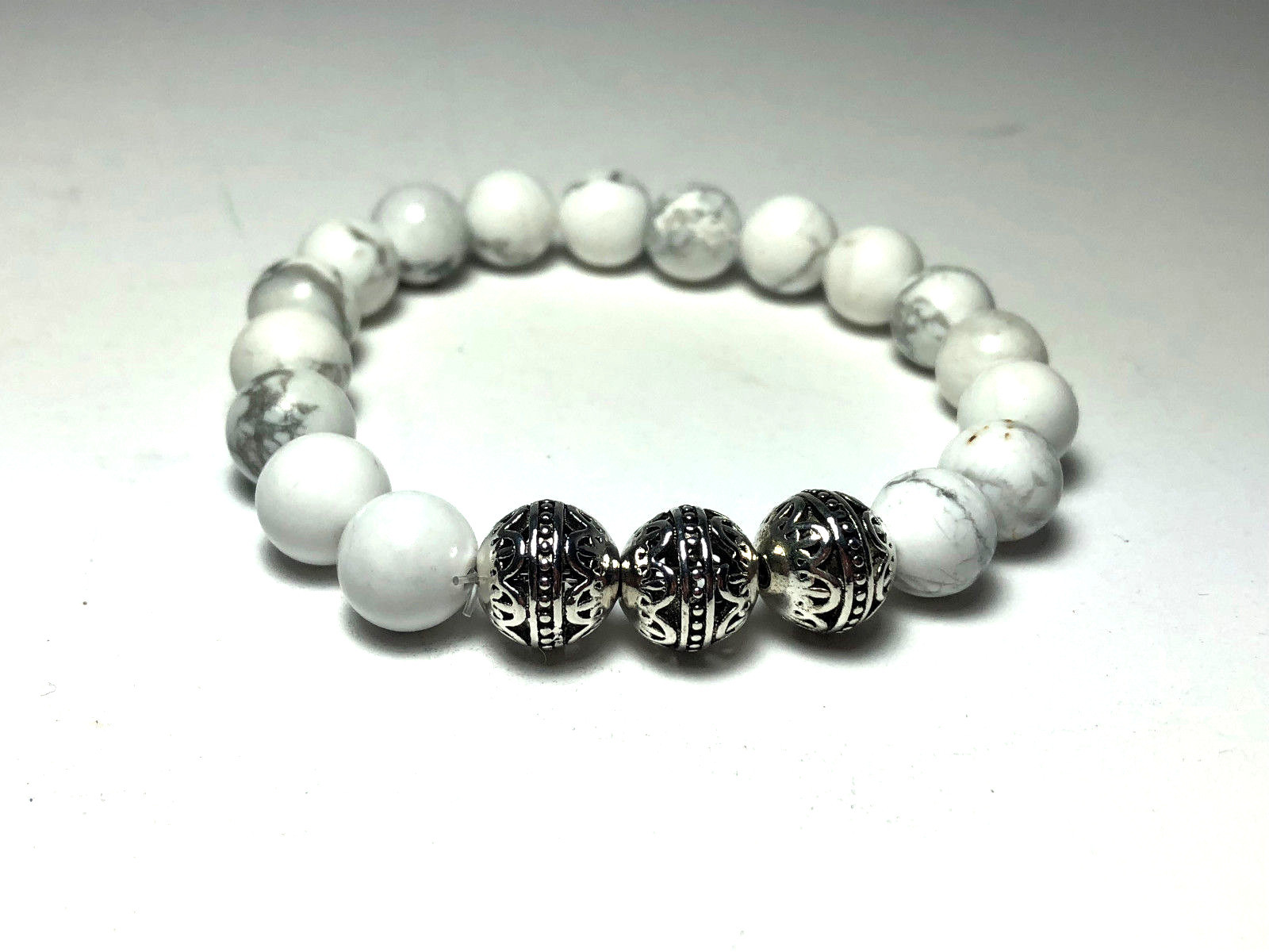 Handmade 10mm Unisex White Turquoise Gemstone & .925 Silver Bali Bead Bracelet