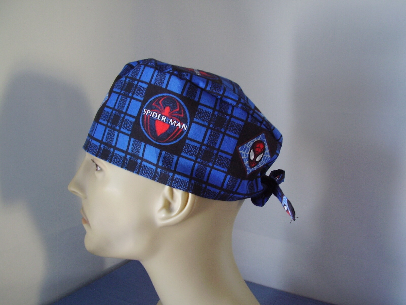 Scrub Hat Surgical Tieback Cap - Spiderman - Black/Royal Plaid - One size