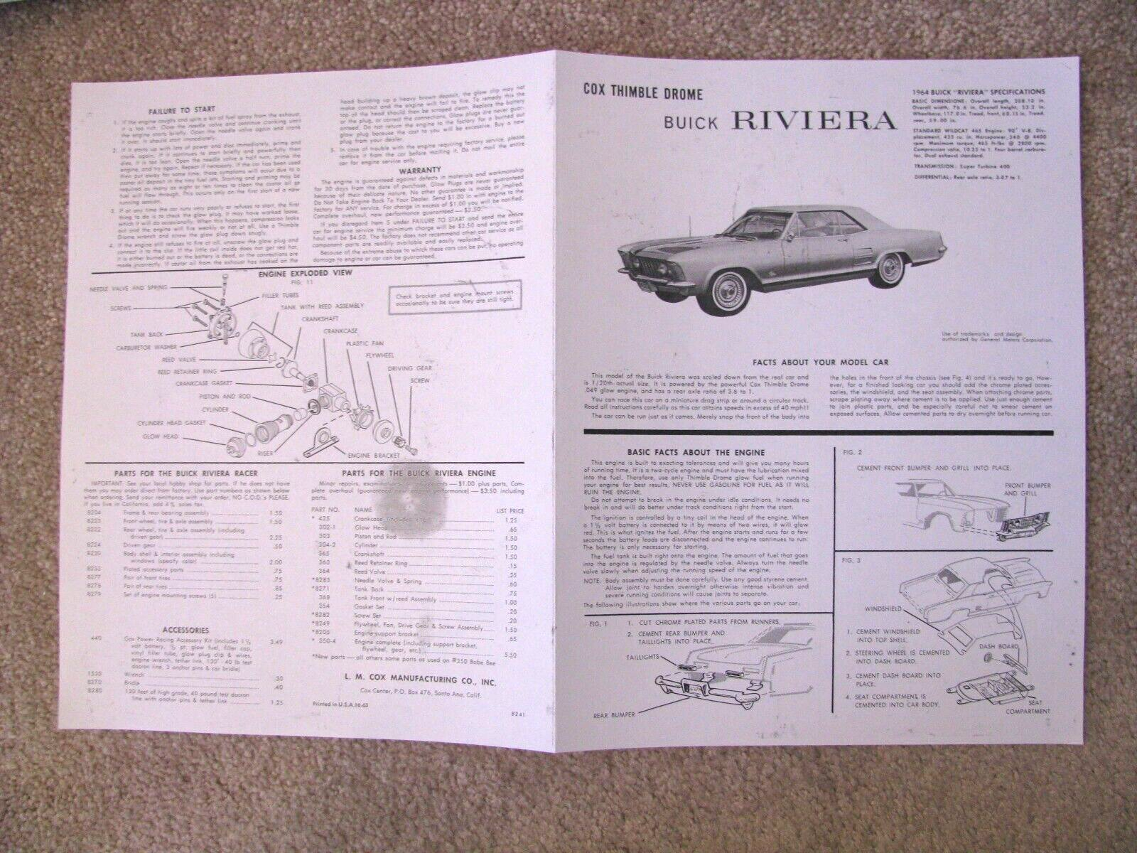 1964 L. M. COX BUICK RIVIERA .049 CAR OWNERS MANUAL ENGINE