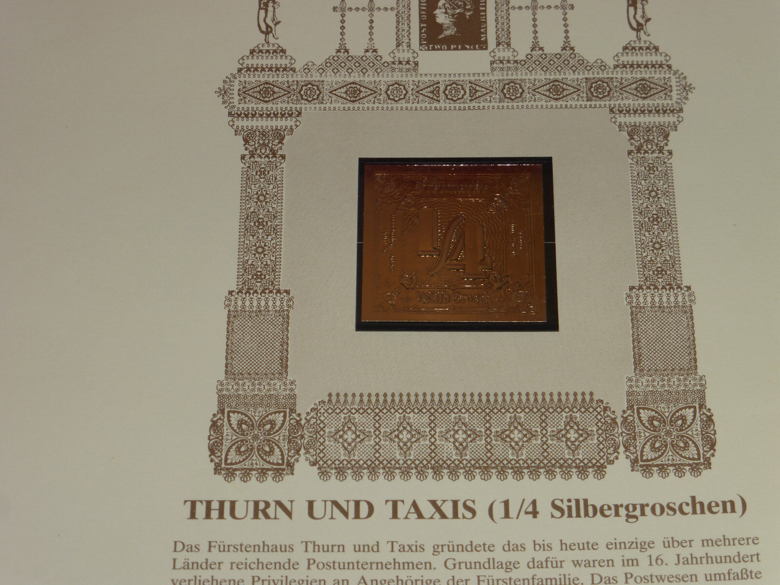 Thurn & Taxis Goldbriefmarke 1/4 Silbergroschen 99, 8 % Feingold Briefmarke