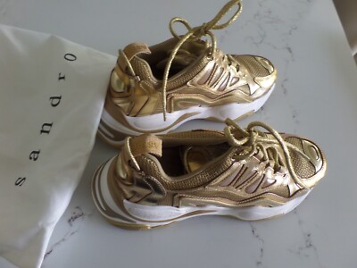 Latest SANDRO Paris Flame gold leather sneakers tie lace sz 40 US 8 worn once
