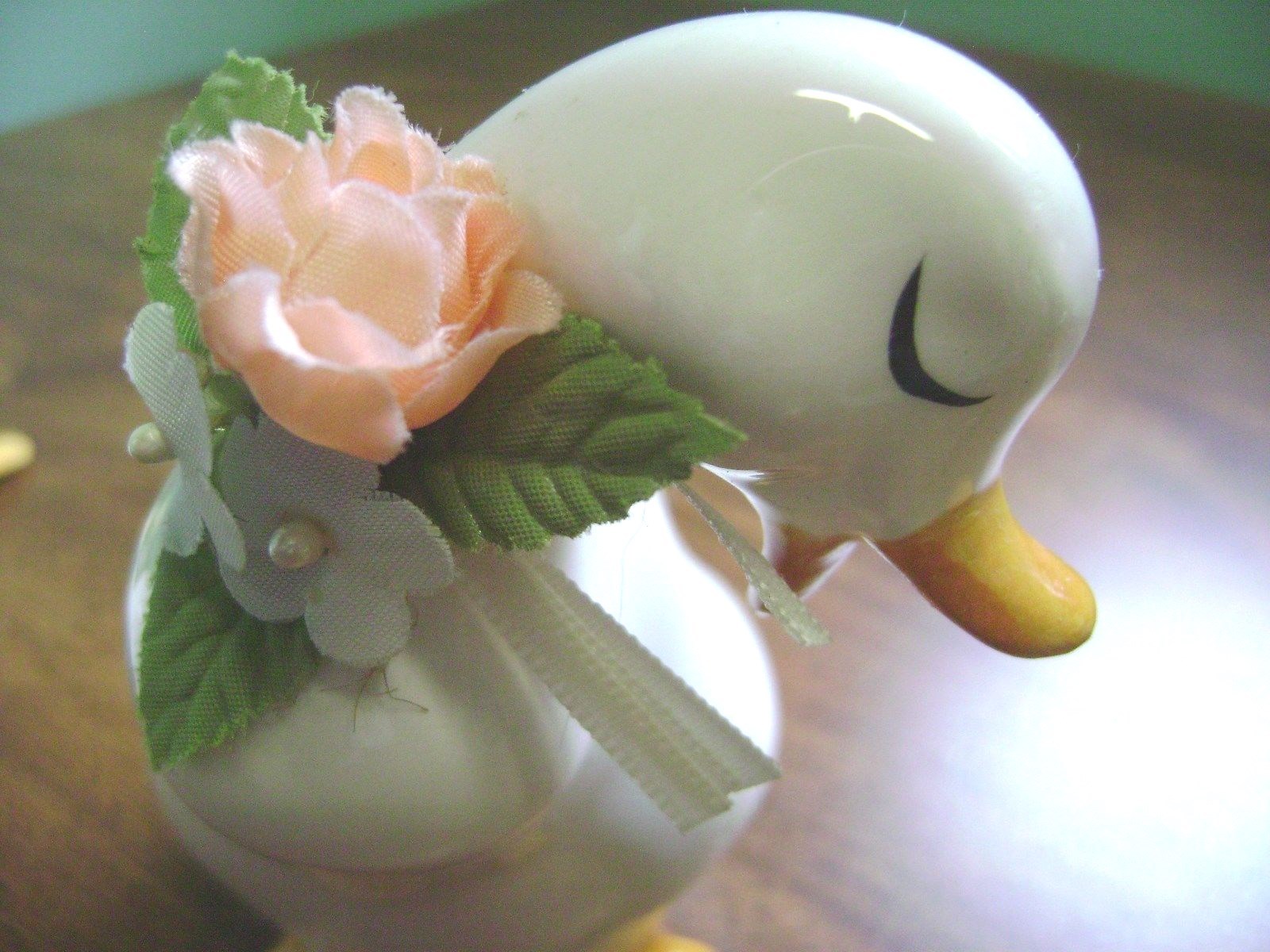 SET OF 2- ADORABLE VINTAGE WHITE  FLOWERED CERAMIC DUCK FIGURINES !!!