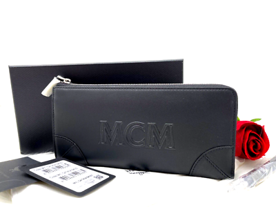 Auth NWT $490 MCM Aren Large LOGO Zip Around Leather Wallet  