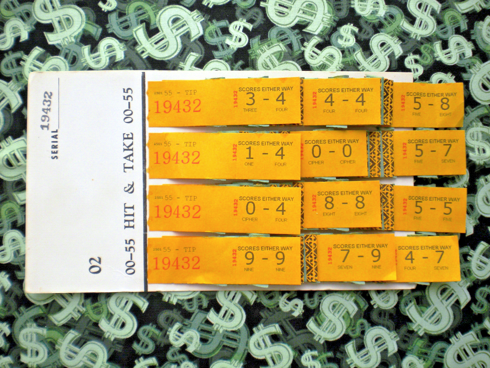 1 Dozen # 55 h&t SURE TIP BOARD {0-0 to 9-9} "NO Seal" SPORT SCORES Jar Pull Tab