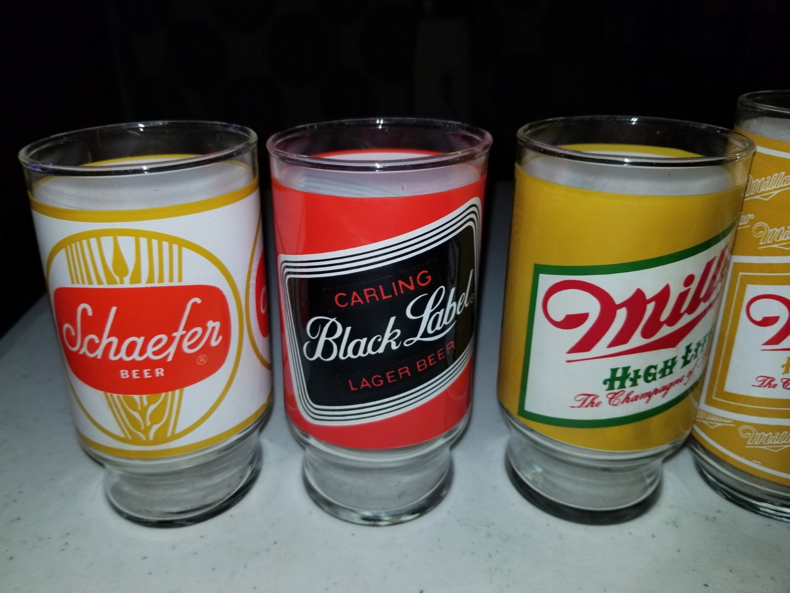 Vintage Set of 6 Beer Glasses - Miller High Life - Bud - Black Label - ETC. NICE