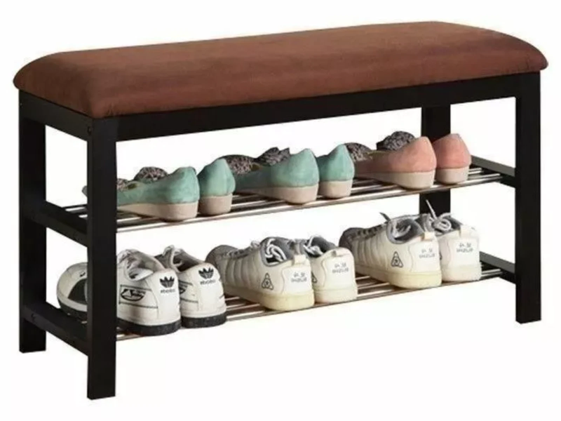Brown Wooden 2 Tier Shoe Bench Brown Cushion Storage Rack Entryway Organizer Bed
