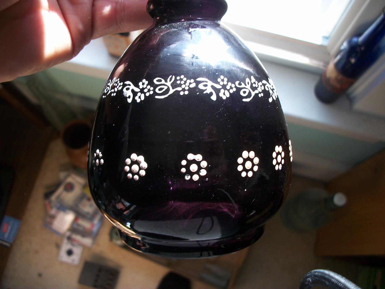 GORGEOUS DEEP VIOLET HAND PAINTED ENAMEL OPEN PONTIL BARBER BOTTLE 19TH CENTURY