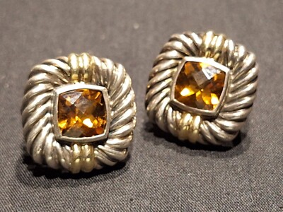 Vtg David Yurman 14k Yellow Gold Sterling Silver & Citrine Cable Albion Earrings