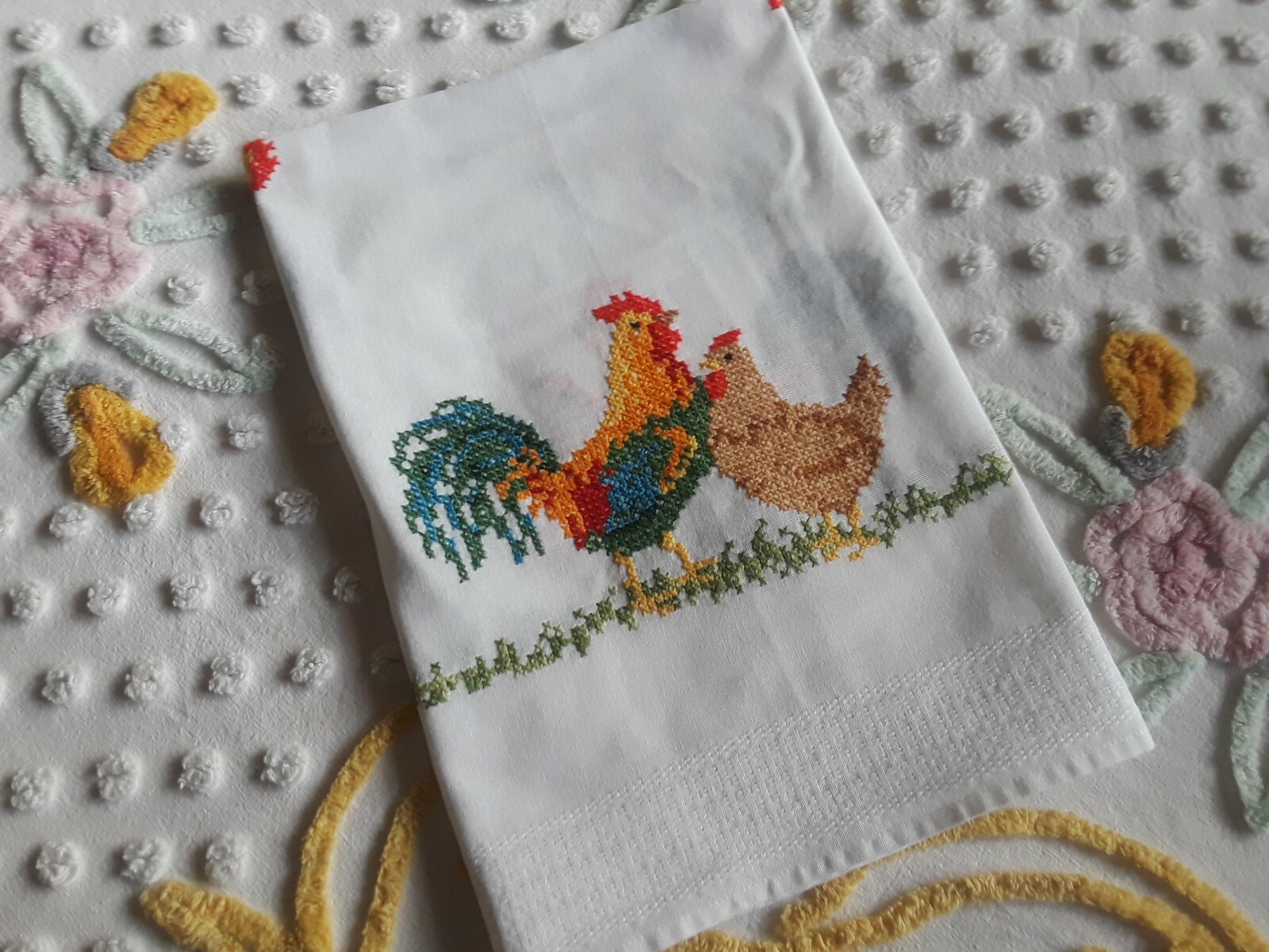 Hand Cross Stitched White Cotton Linen Colorful Chickens Table Topper 30