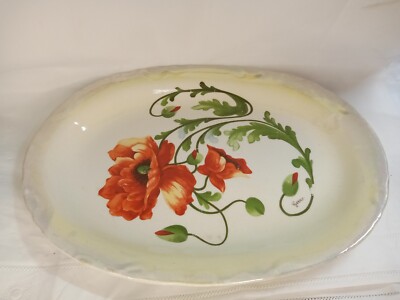 Dresden China Platter Red Poppy Signed Gorno 11.5 Inch by 8 Inch Vintage 