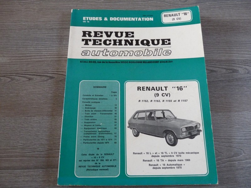 Revue Technique Automobile Renault 16 9 Cv L Tl Ta R 1152 R 1153 R 1155 R 1157