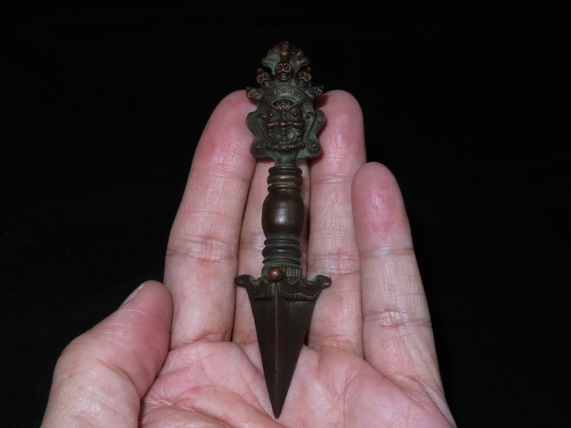 Nepal Tibet Buddhist Solid Copper Alloy Black Mahakhala Phurba Dagger