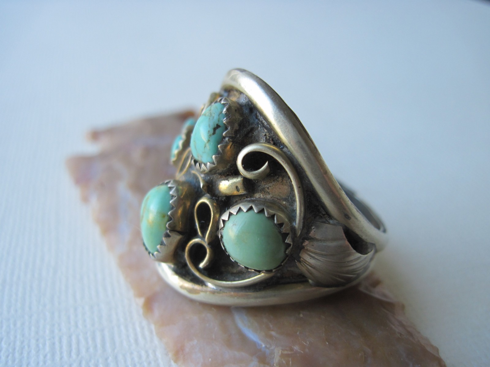 Vintage Navajo Lee Thompson Turquoise & Silver Gentleman's Ring ~ 13.75