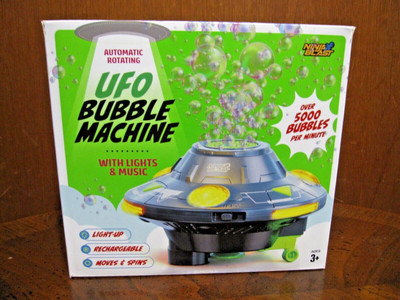 UFO=BUBBLE MACHINE=SPINS=MOVES=MUSIC=LIGHTS=USB RECHARGEABLE=NO BATT TO BUY=AMEN