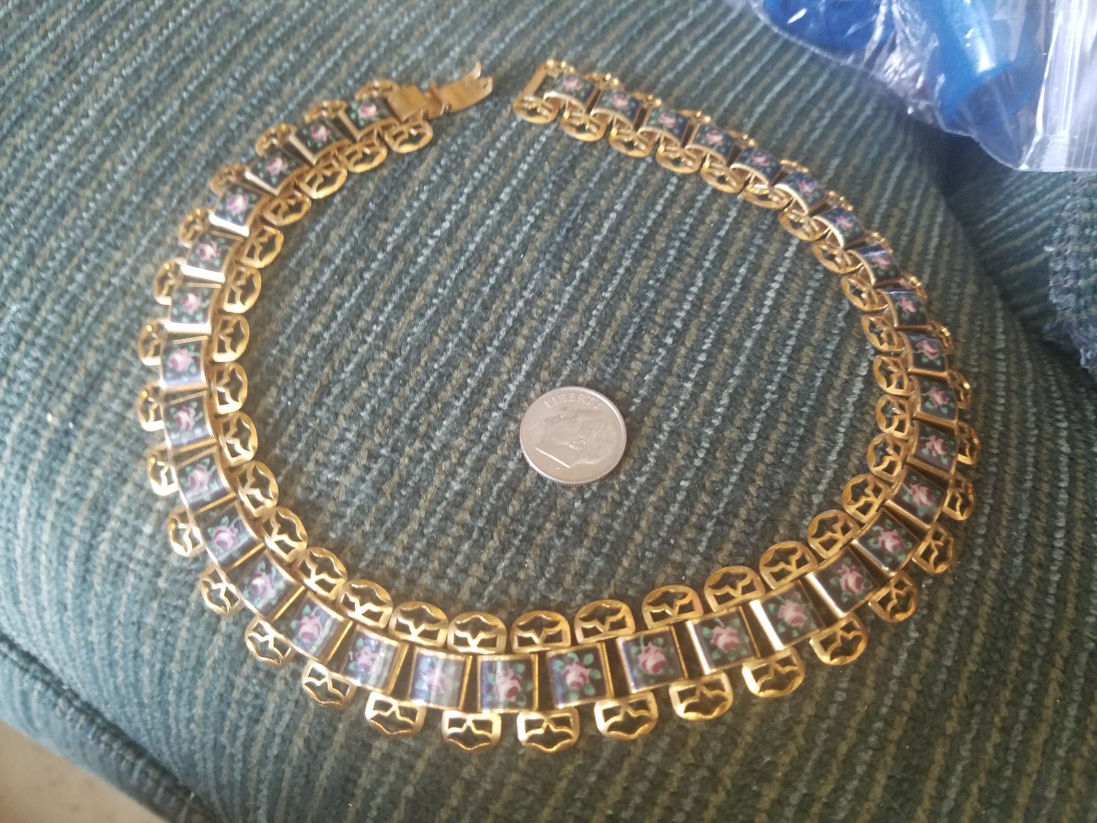 ANTIQUE DECO GOLD  PLATE ENAMEL METAL NECKLACE SUPERB RARE