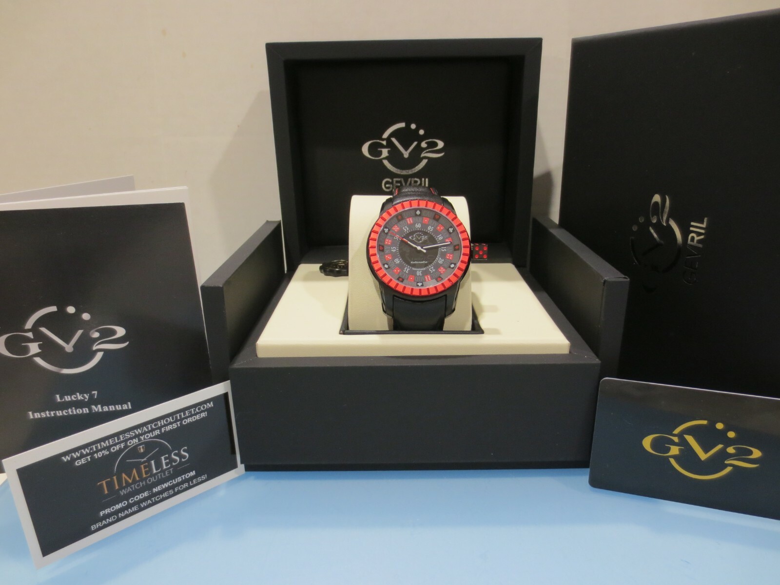 Pre-owned Gv2 By Gevril Men's 9306 Lucky 7 Automatic Red Bezel Subdial Black Leather Watch