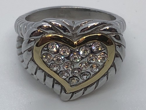 DSMK Ring Stainless Two Tone Heart Pave Rhinestones Rope