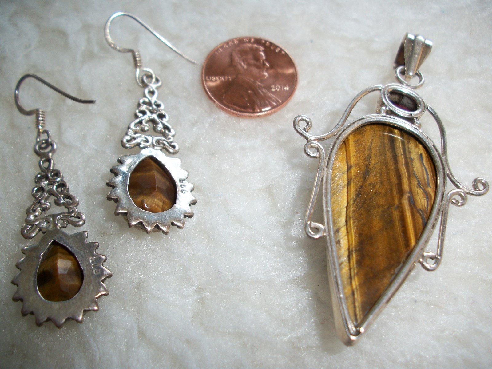 Tigers Eye Pendant Pierced Earrings Set Faceted Amethyst Gem Sterling Silver New