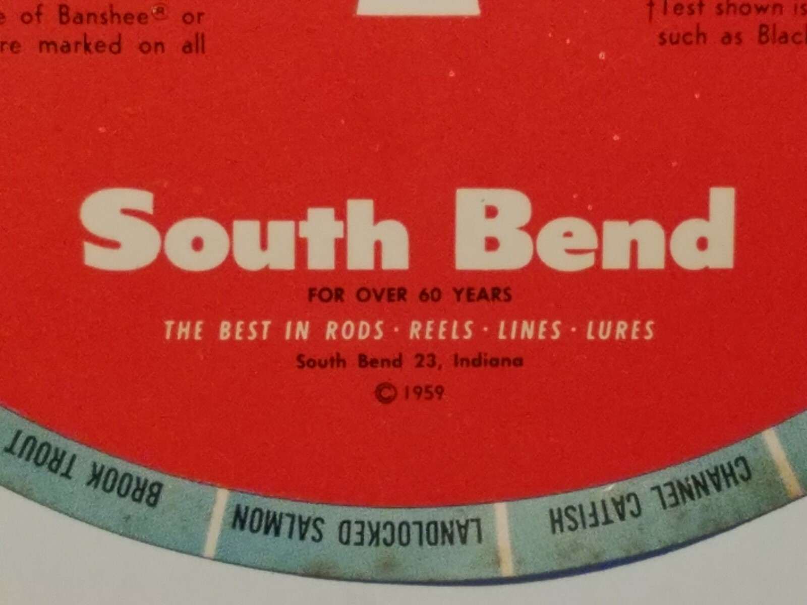 1959 South Bend FISHING DIAL for 18 species of fish, Bait, tackle, lures, weight