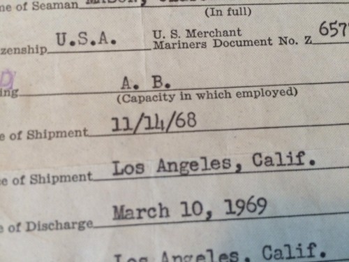 1969  U.S. Coast Guard Certificate of Discharge Merchant Seaman Steam Vessels