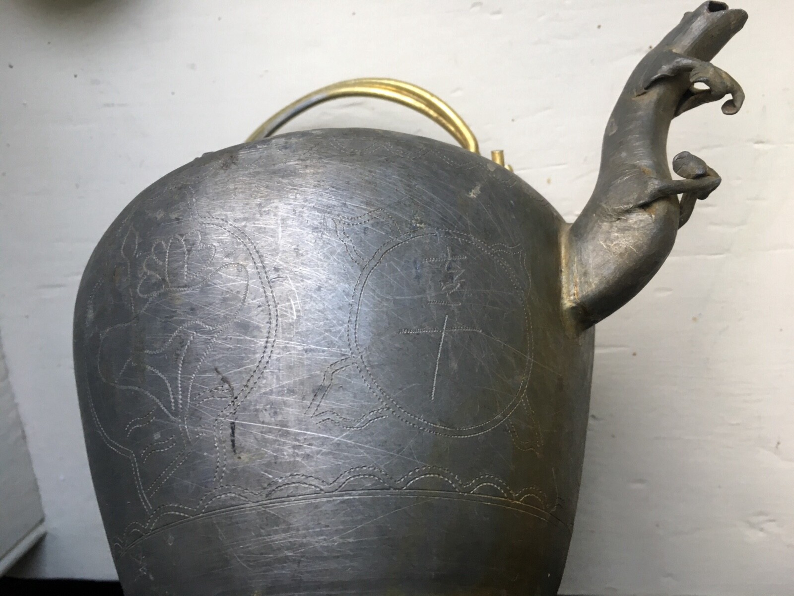 Antique Chinese Pewter Tea Pot Unique Spout and Lid 5 1/2” tall