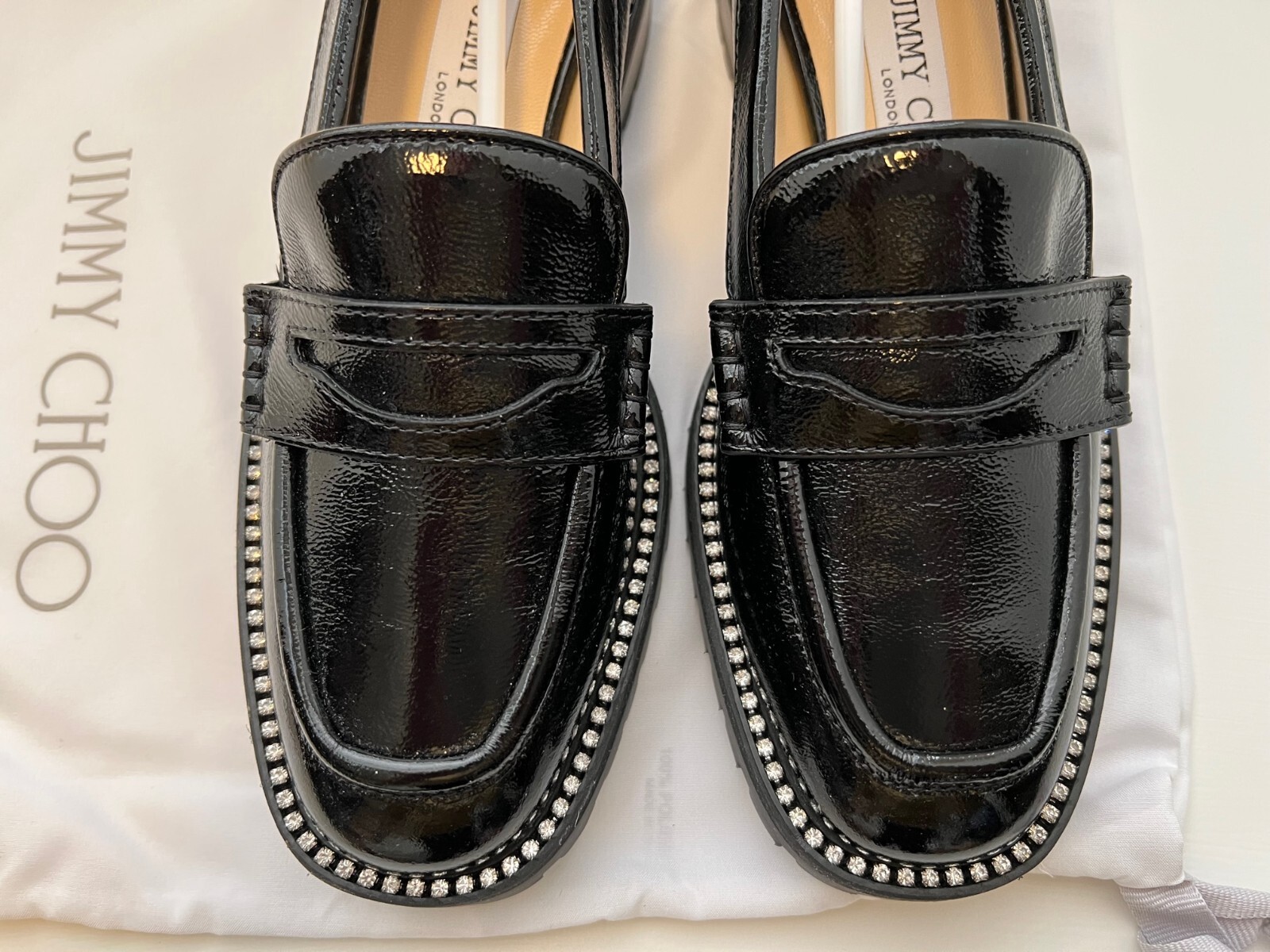 Pre-owned Jimmy Choo Deanna Crystal-embellished Patent Leather Loafers, Size 37 In Black