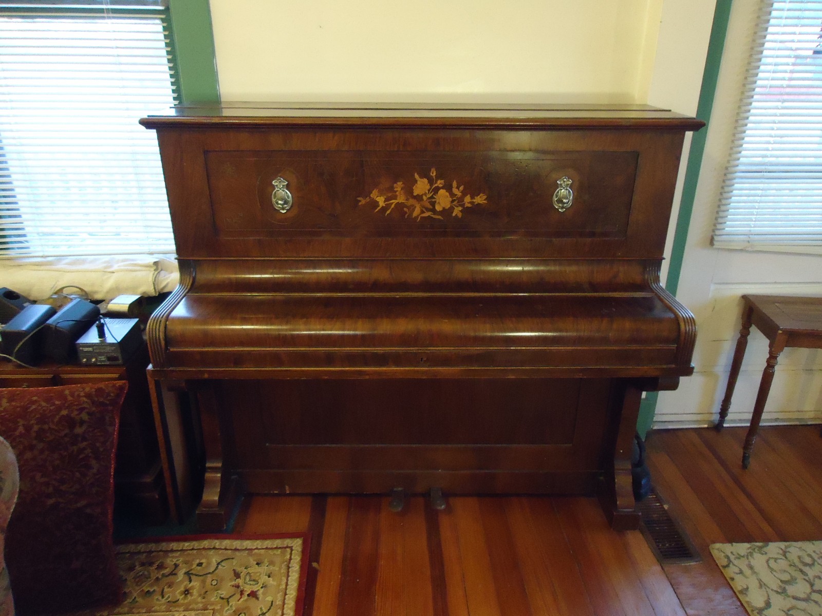 1850s VERY RARE ENGLISH ORNATE PIANO BEAUTIFUL INLAID WOOD ROSES BANSAIL & SONS