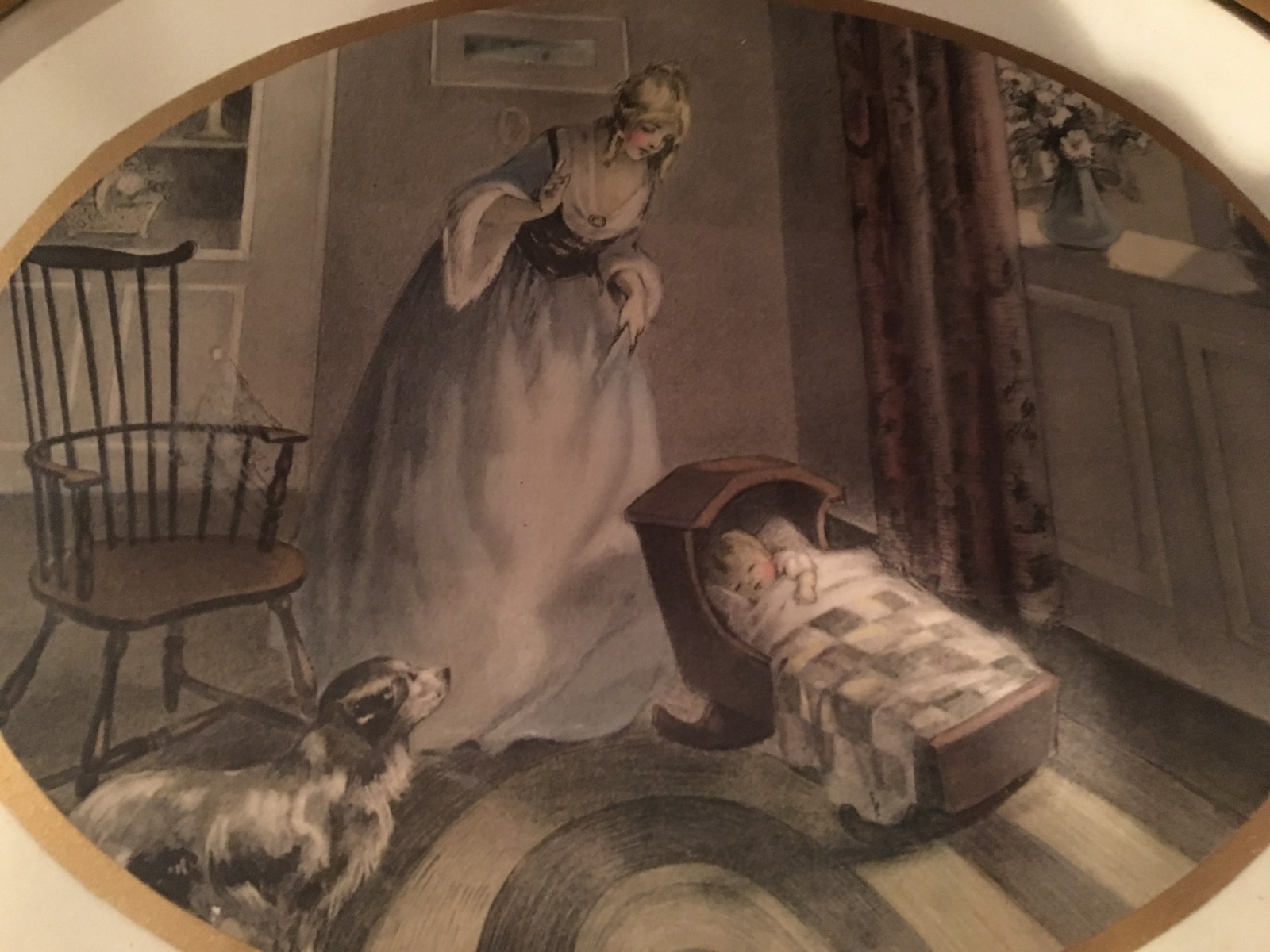 OLD PRINTS - OVAL FRAMES / MOTHER WITH CHILD- BABY-DOG / VICTORIAN / ART NOUVEAU