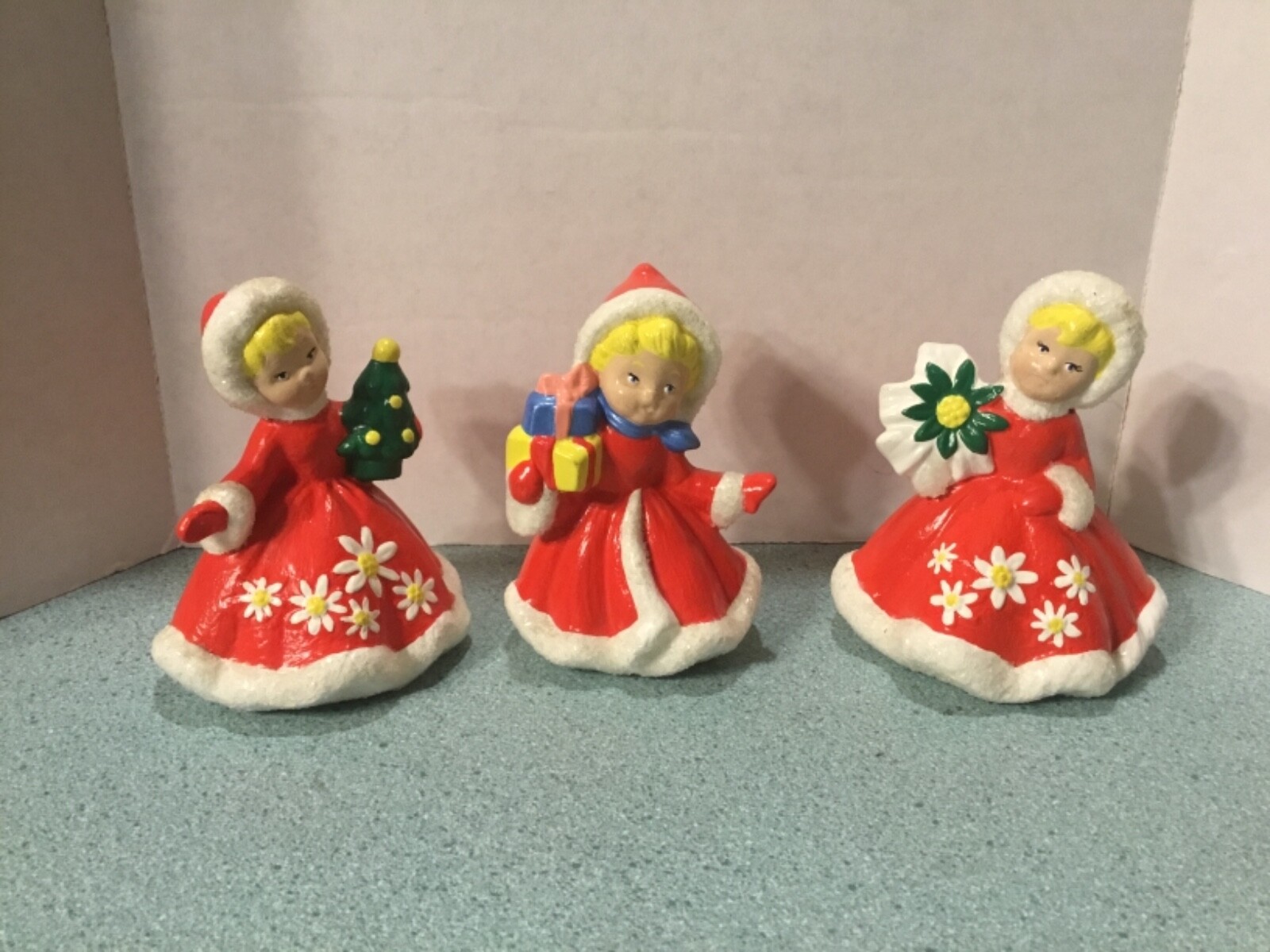 3 Vintage Ceramic Christmas Girl Figurines in Red~Holding