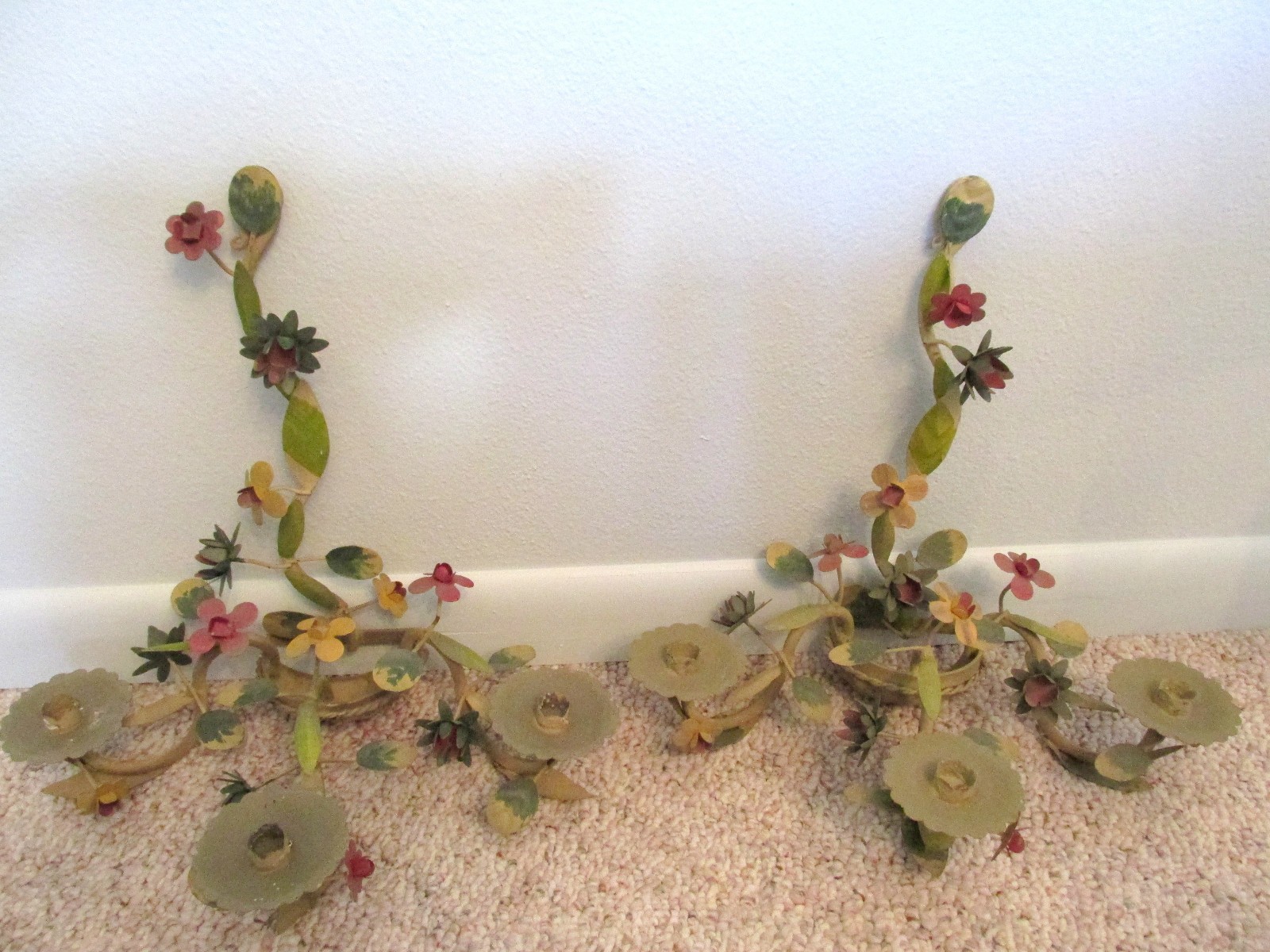 Pair Vintage Tole Painted Flower 3 Arm Metal Candelabra Shabby Wall Sconce Set
