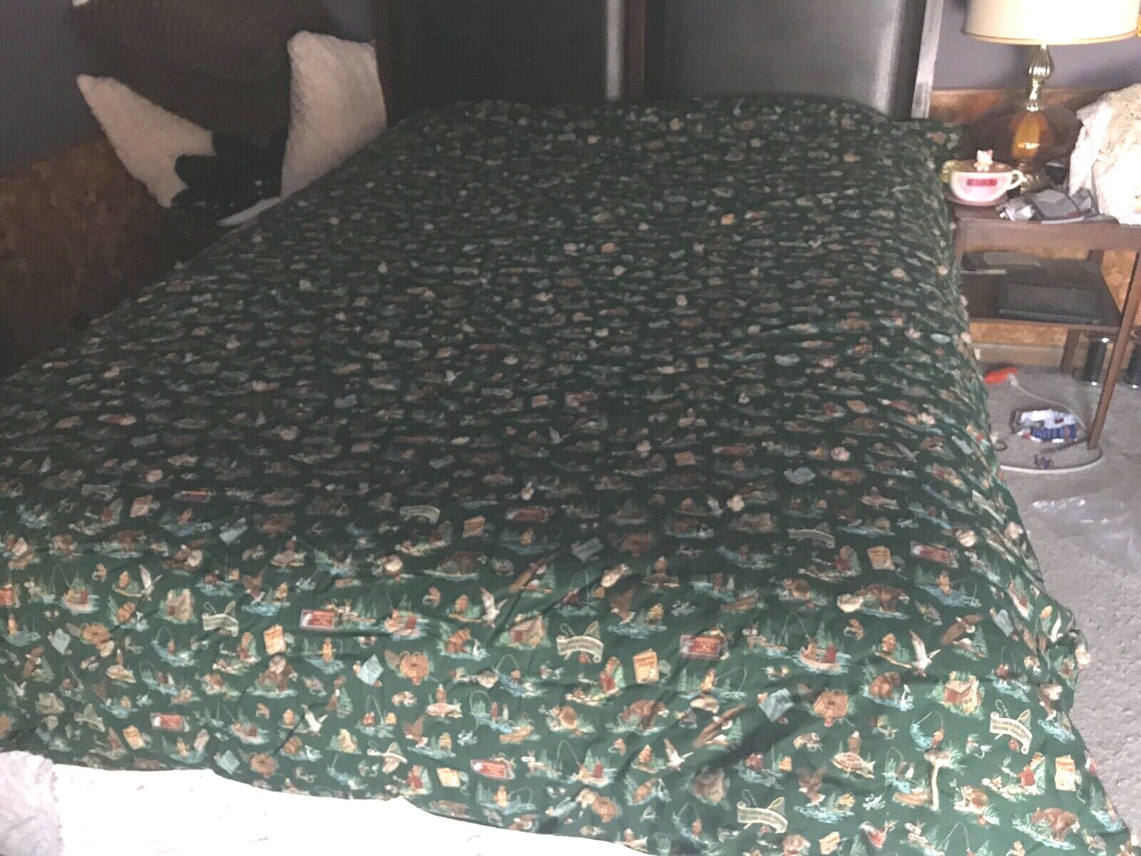 VTG Green Bear Eagle Fly Fishing QUILT Tied BLANKET 79X96 Queen Cottage Cabin