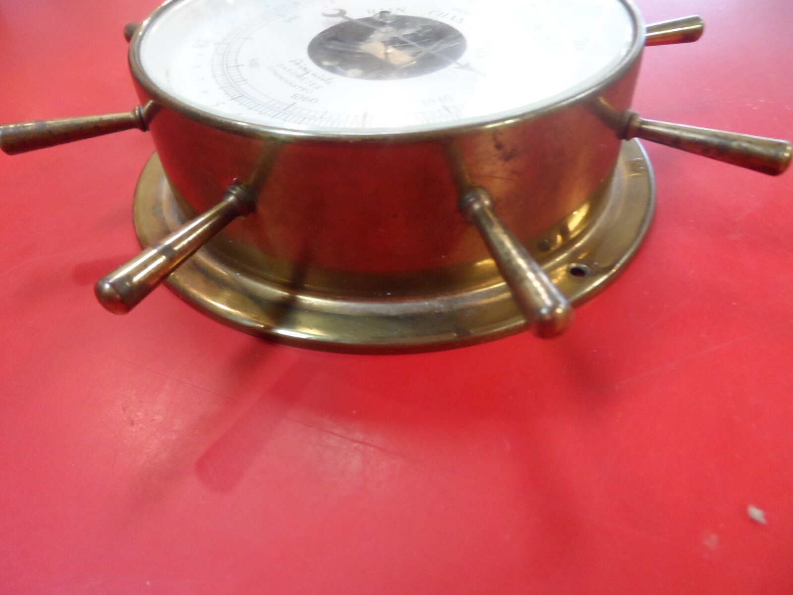 Vintage Airguide Compensated Barometer & Clock Brass Ships Wheel Wall Mount USA