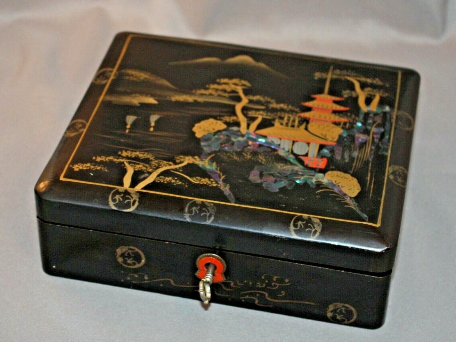 Vtg 50s Japanese Black Lacquer Jewelry,Trinket, Letter Box w Sell Inlay FREESHIP