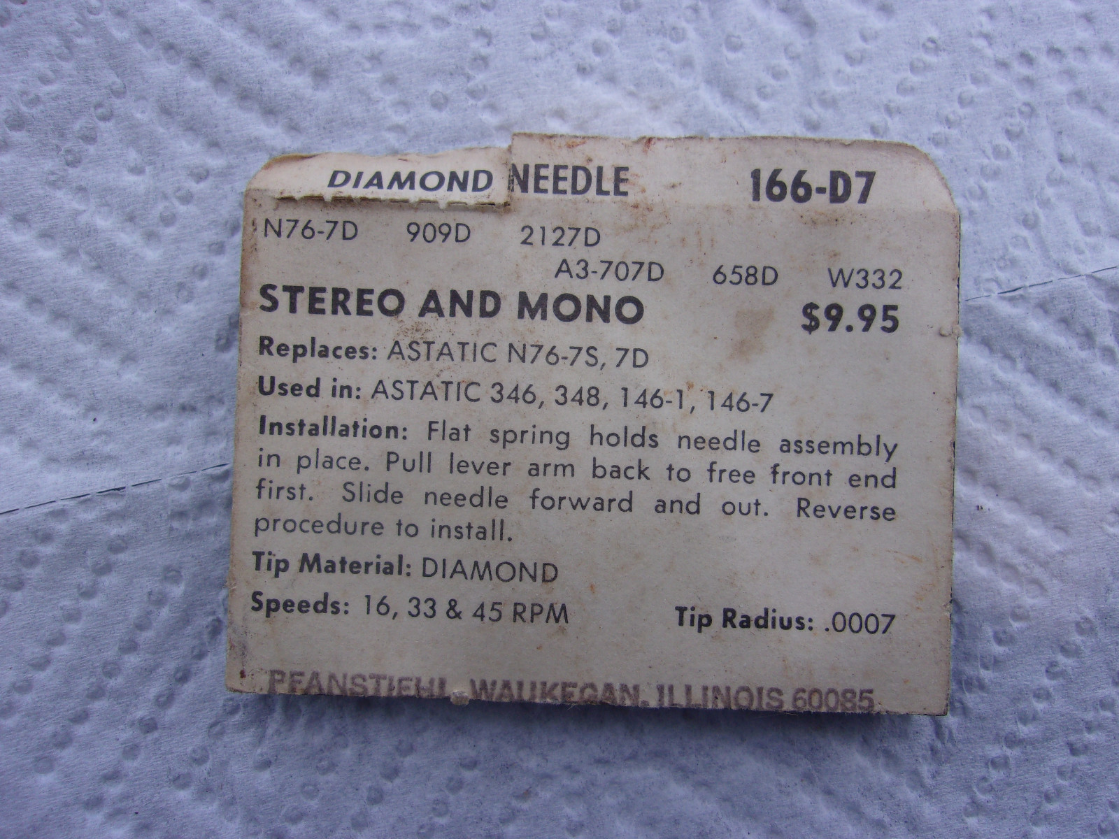 NOS Pfanstiehl 166-D7 Diamond Needle Stylus For Astatic 346. 348. 146-1. 146-7