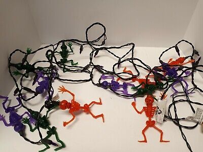Vtg Halloween Skeleton Plastic String Lights Blow Mold, Purple Green Orange