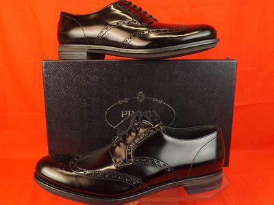 Pre-owned Prada 2ee061 Black Patent Leather Lace Up Wingtip Perforated Oxfords 10 11