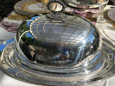 Beautiful french vintage pressed glass serving plate and matching cloche dome food protector