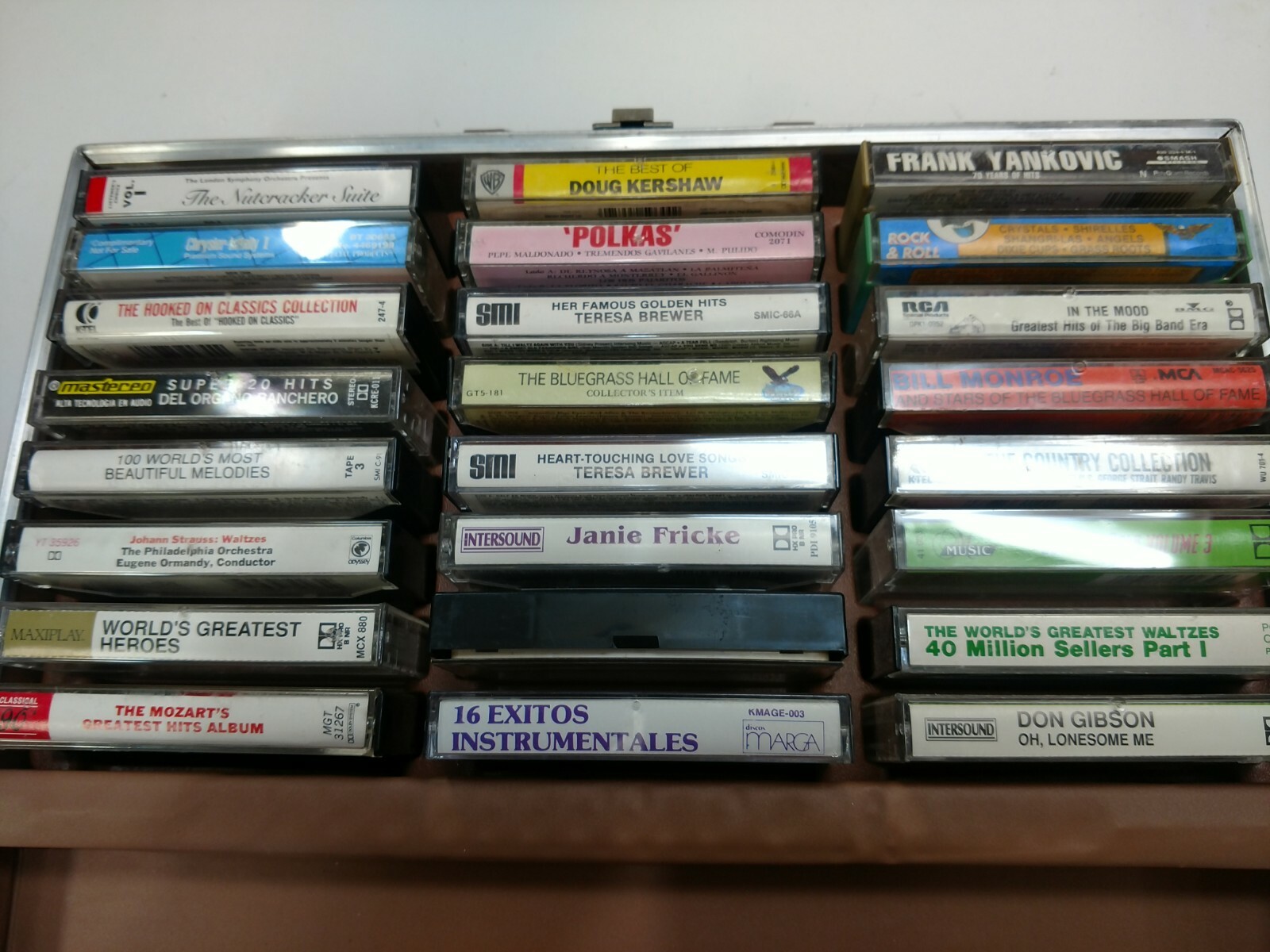 24 Cassette Carrying Case Briefcase with 24 Misc. Cassettes Country Polka Mozart