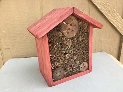 Mason Bee House Garden Pollinator Insect Hotel Wood Bamboo Vintage Handmade 8''