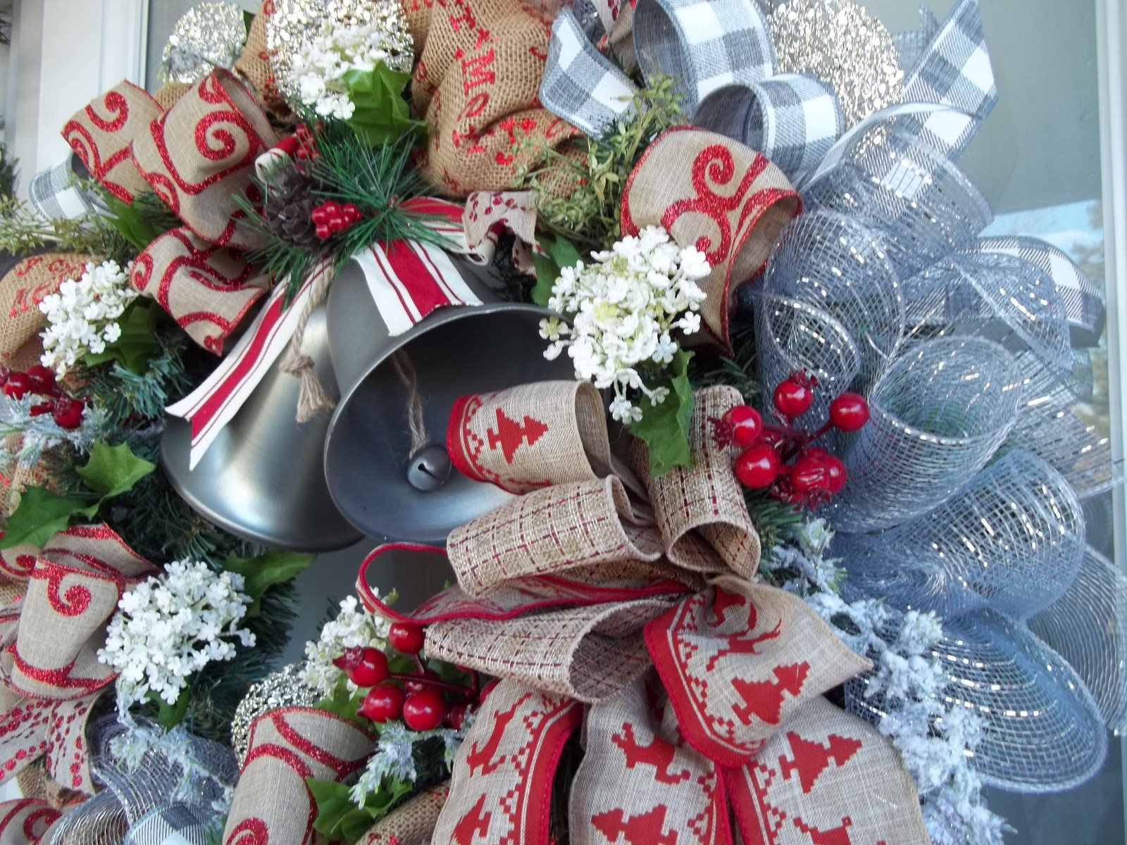 PEWTER BELLS~SILVER~BURLAP~ WREATH~BOW~RIBBONS~MESH~FROSTED FLOWERS~GREENERY