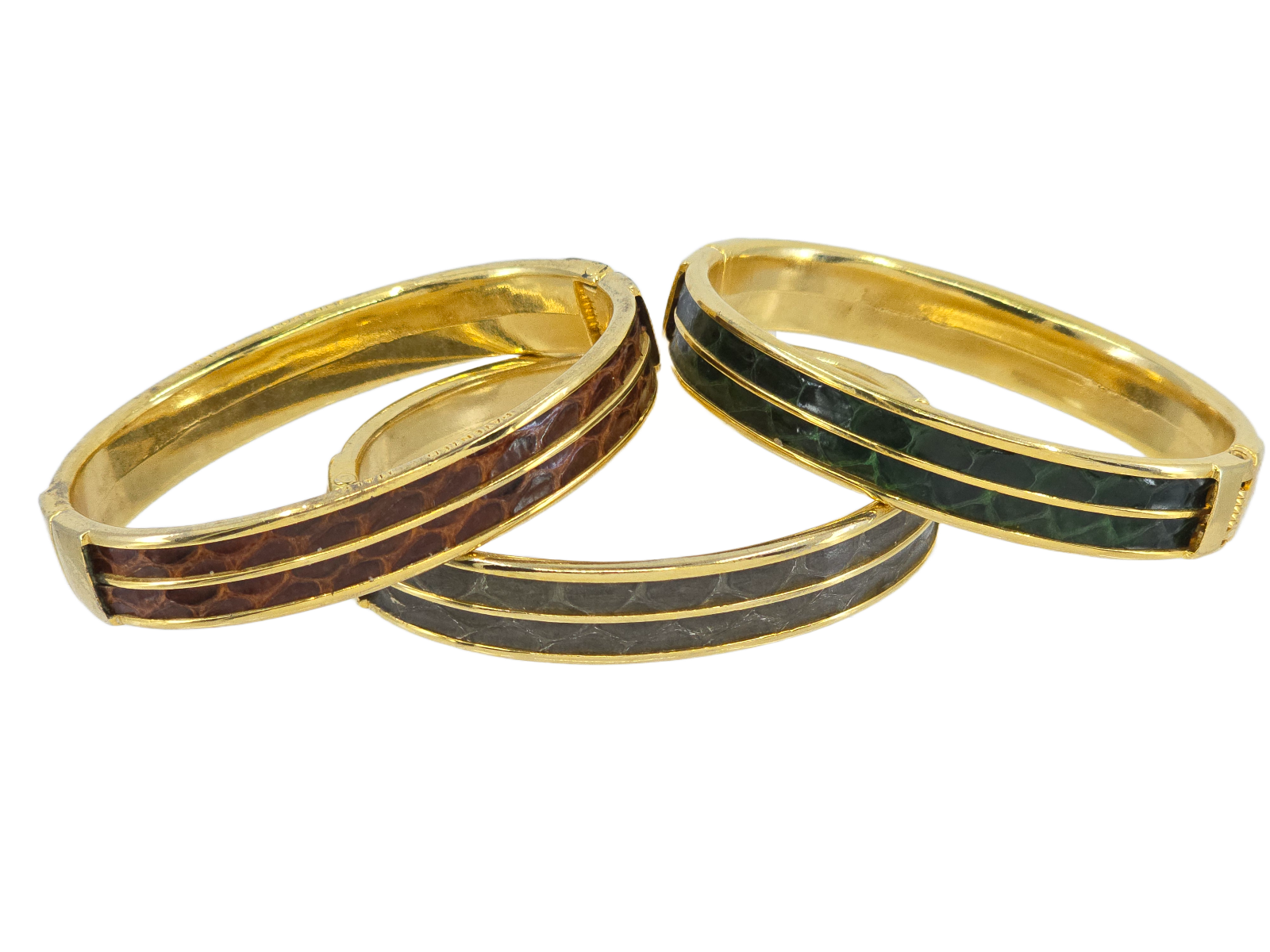 SET of 3 GOLD TONE BIANCO FLORENCE PATENTED ITALY SNAKESKIN BANGLE BRACELET