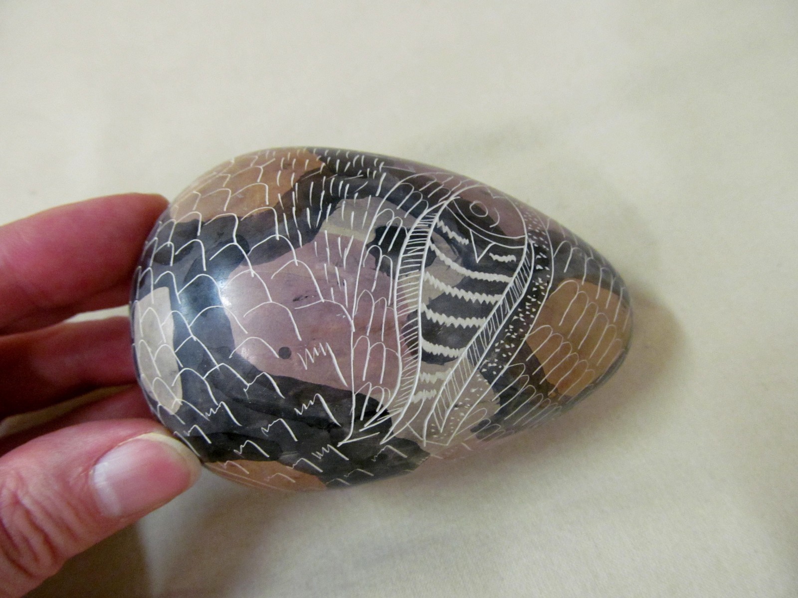 Hand Carved Etched Painted Decorative Stone Egg Native Fish Design Earth Colors