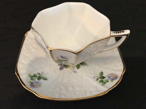 Teacup and Saucer, Blue and White, Unique Shape Octagonal Cup, Embossed Design
