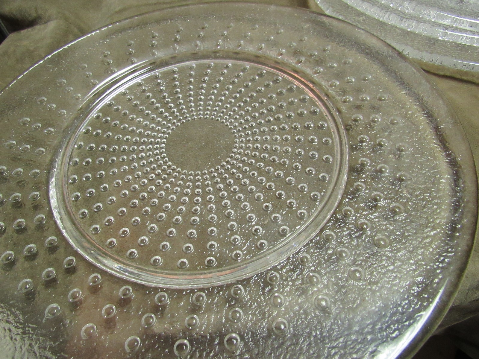 Circa 1970's Mid Century Modern Design Clear Glass Dots Pattern Dinner Plates