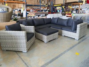 Cane outdoor corner lounge suite grey cushions NEW IN BOXES | Lounging