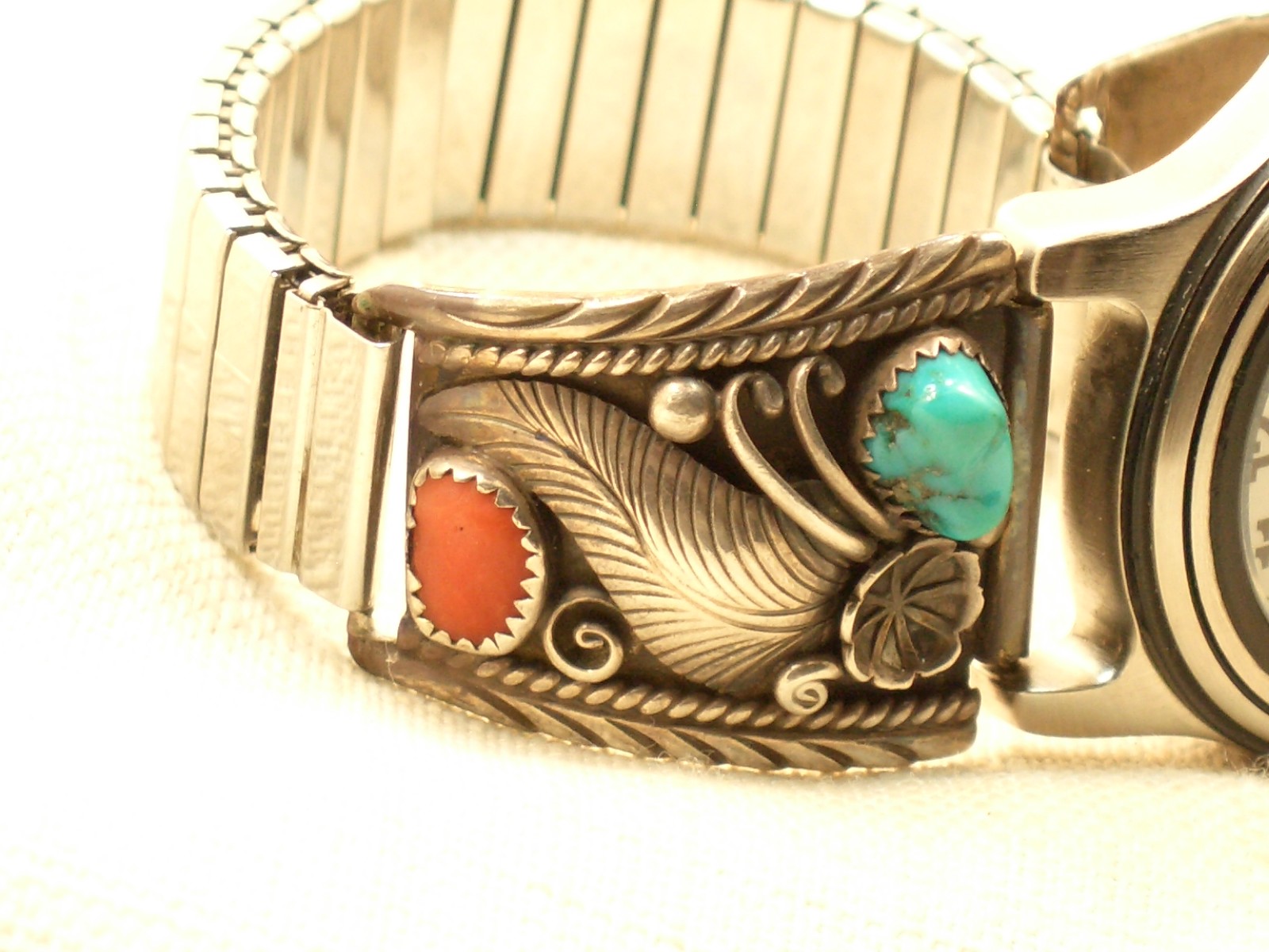 Vintage Sterling Native American Turquoise Coral Timberland Watch W. Denet Dale