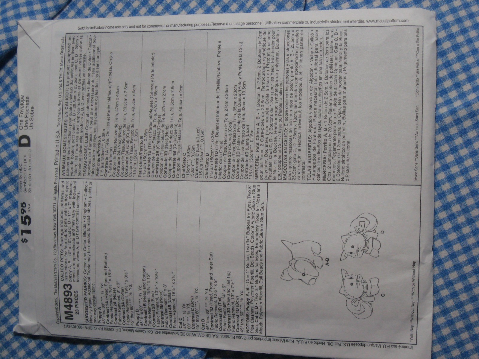 McCall's Crafts pattern M4893 by Helen Beverlin Calico Pets NEW Un-cut