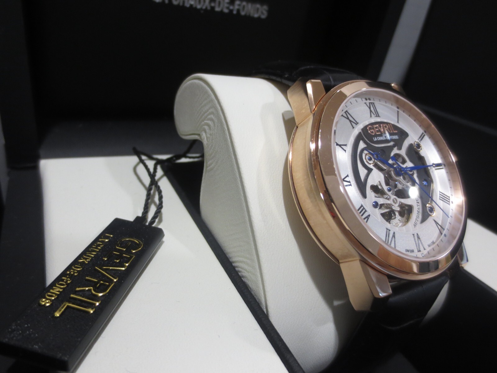 Pre-owned Gevril Men's 2694 Vanderbilt Swiss Automatic Rose Gold Open Heart Leather Watch