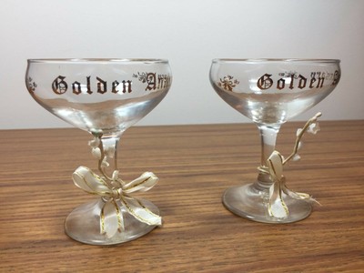 Set of 2- 50th GOLDEN WEDDING ANNIVERSARY GOLD TRIM CHAMPAGNE TOASTING GLASSES
