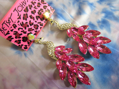 Betsey Johnson Lovely Pink Tones Crystal Flamingo Peacock Earrings